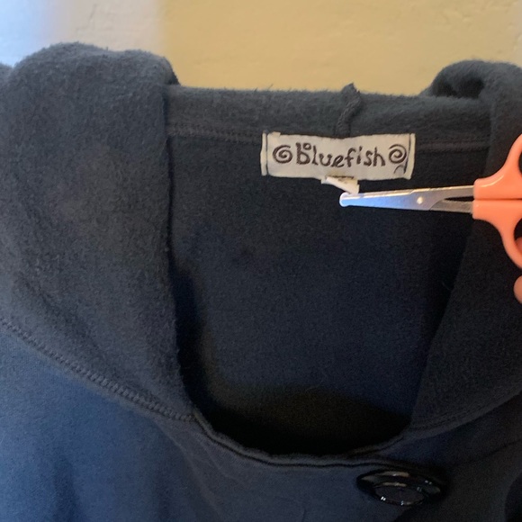 VTG BLUE FISH COAT TOPPER 2 COTTON KNIT HANDPAINTED BUTTON HOODED LAGENLOOK USA - Picture 5 of 10